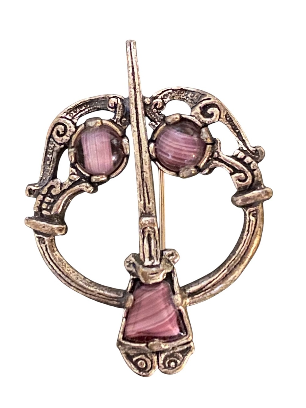 Rare Vtg Miracle Penannular Style Brooch Pewter Glass Agate Stone Cabochon Pin